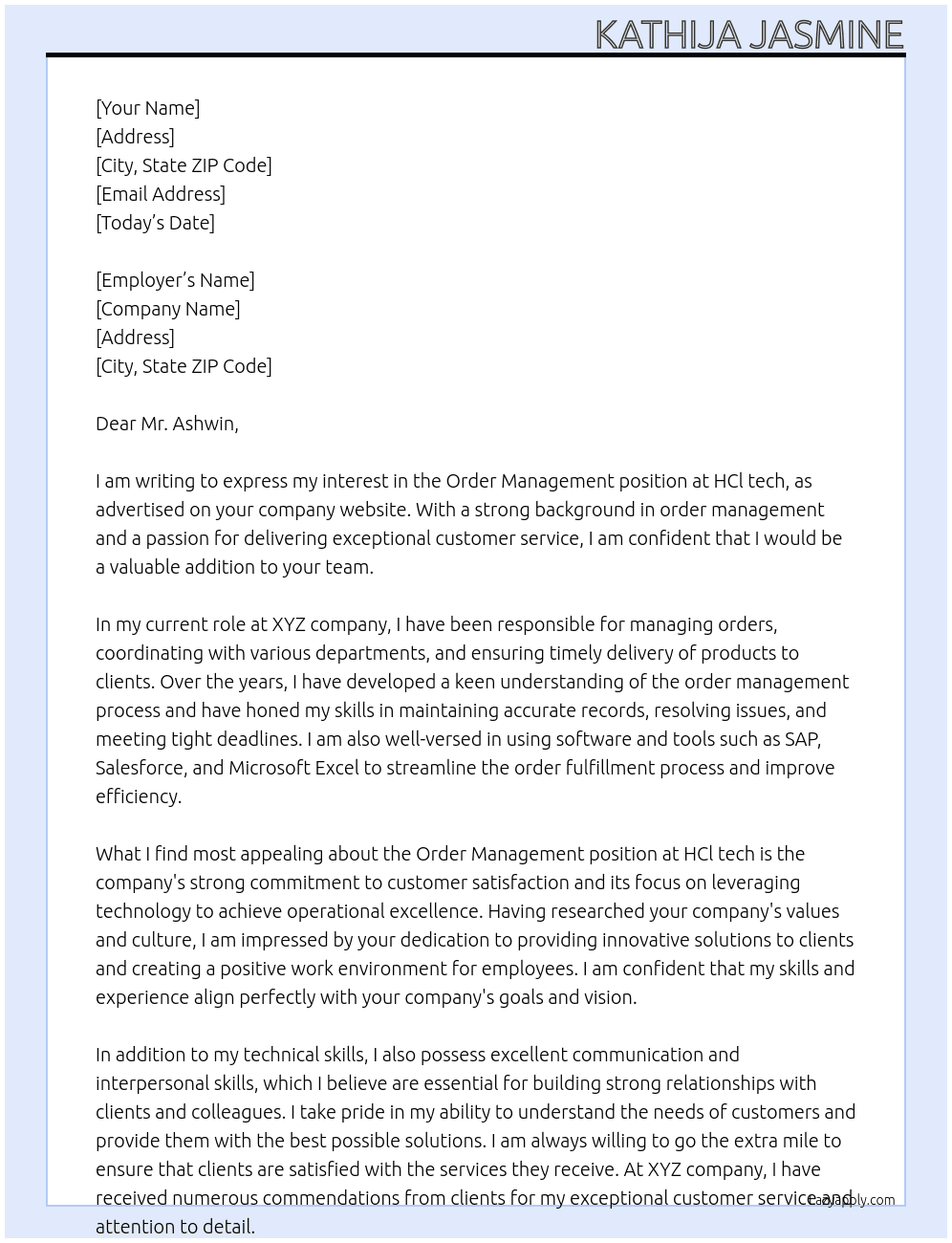 Order management  At HCl tech Cover Letter