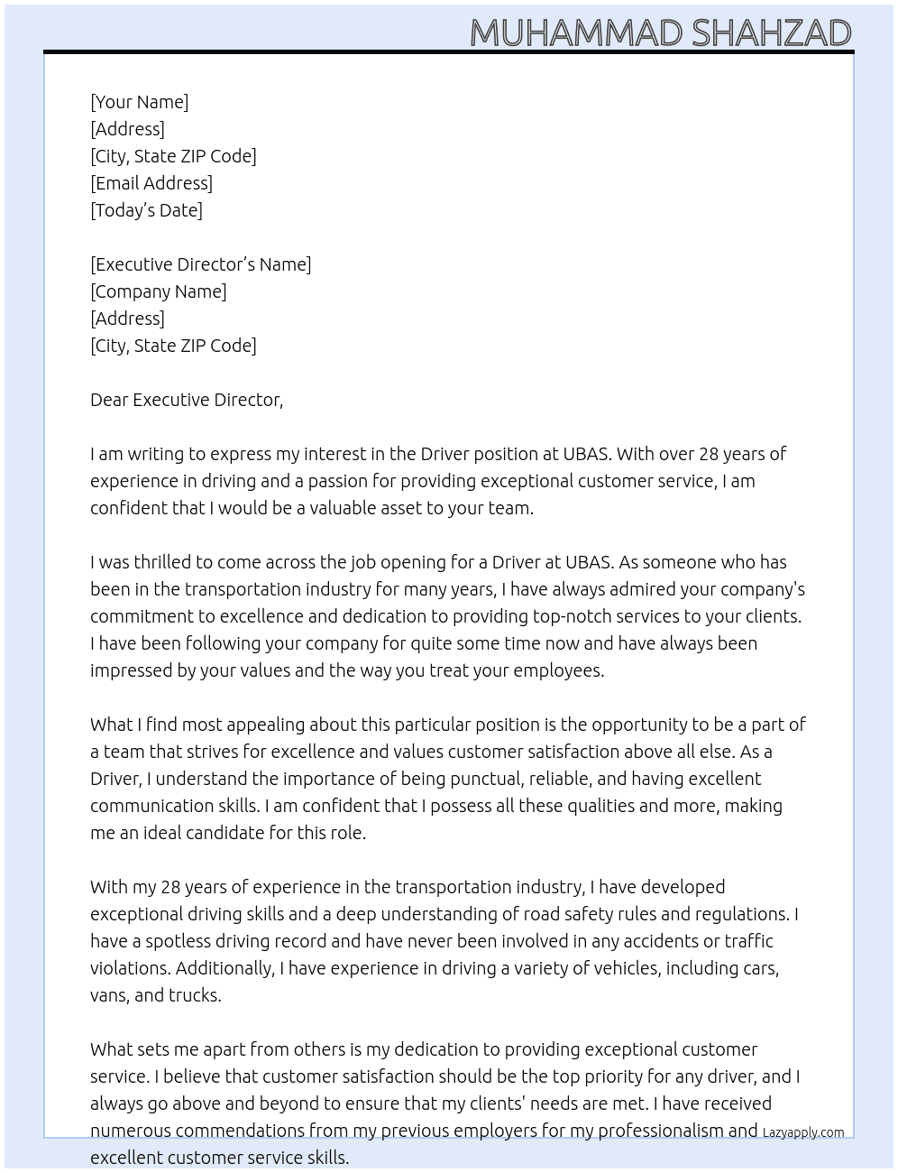Driver At UBAS Cover Letter