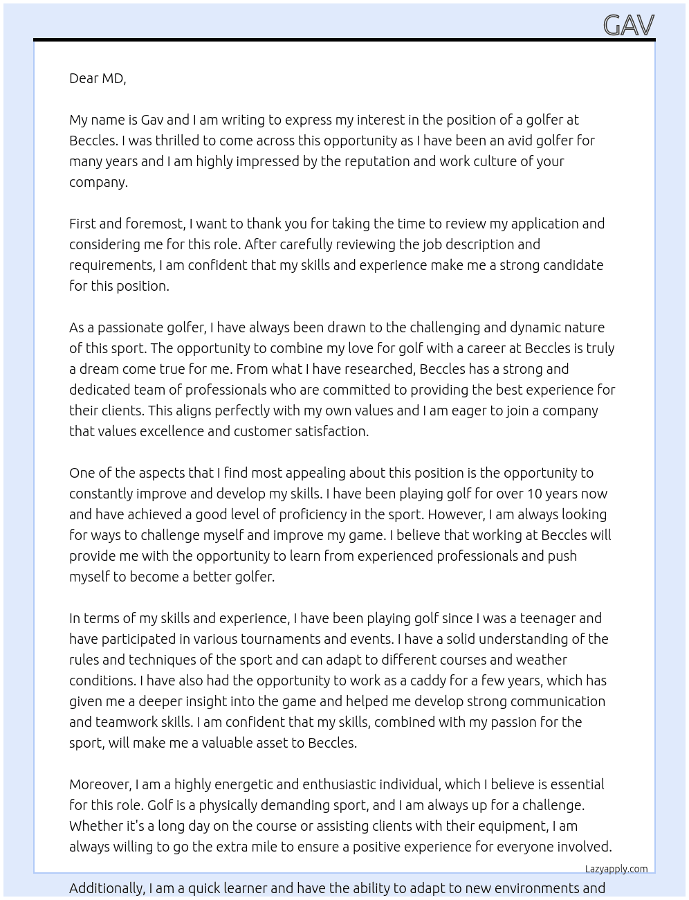 Cover letter for golfer - LazyApply