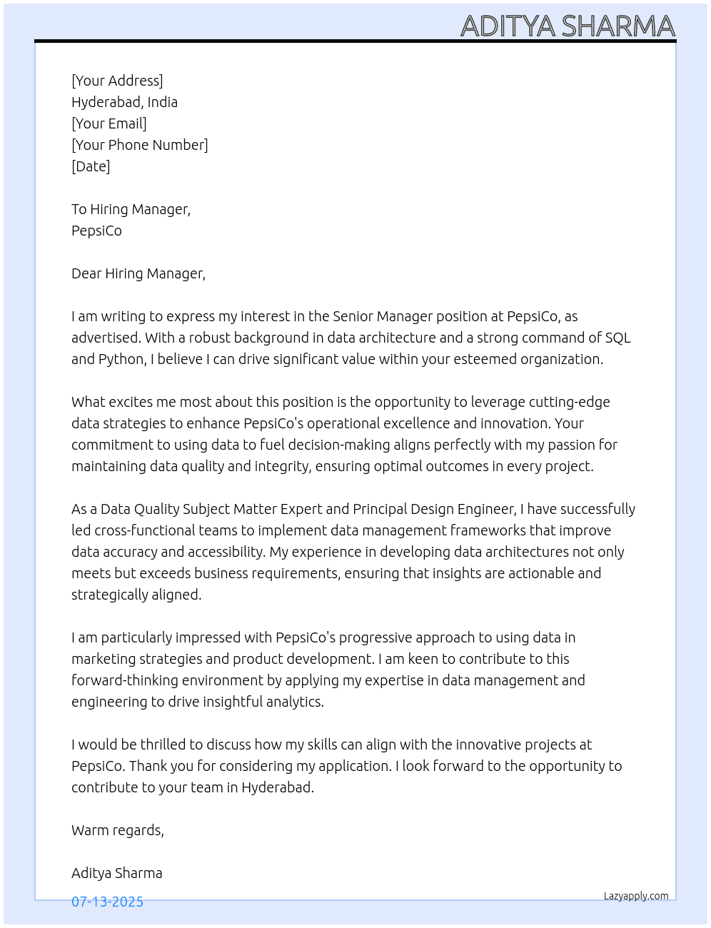 Senior Manager At PepsiCo Cover Letter