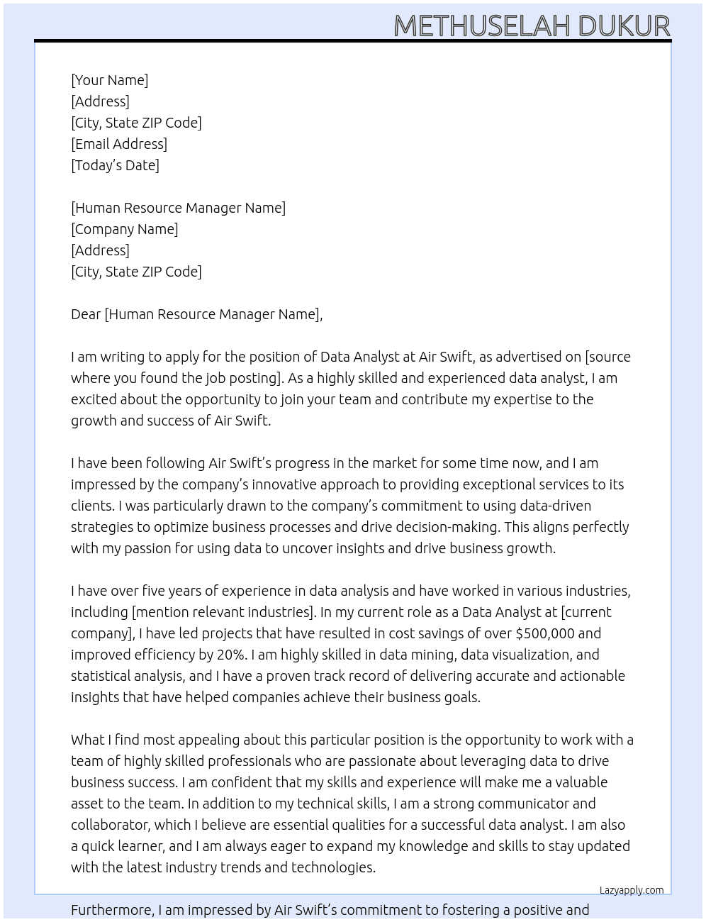 Data analyst  At Air swift  Cover Letter
