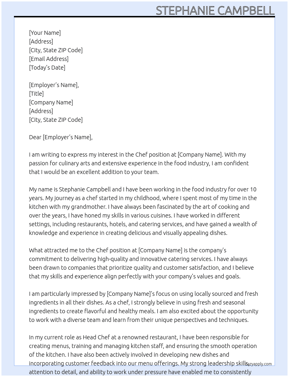 Chef At Catering  Cover Letter