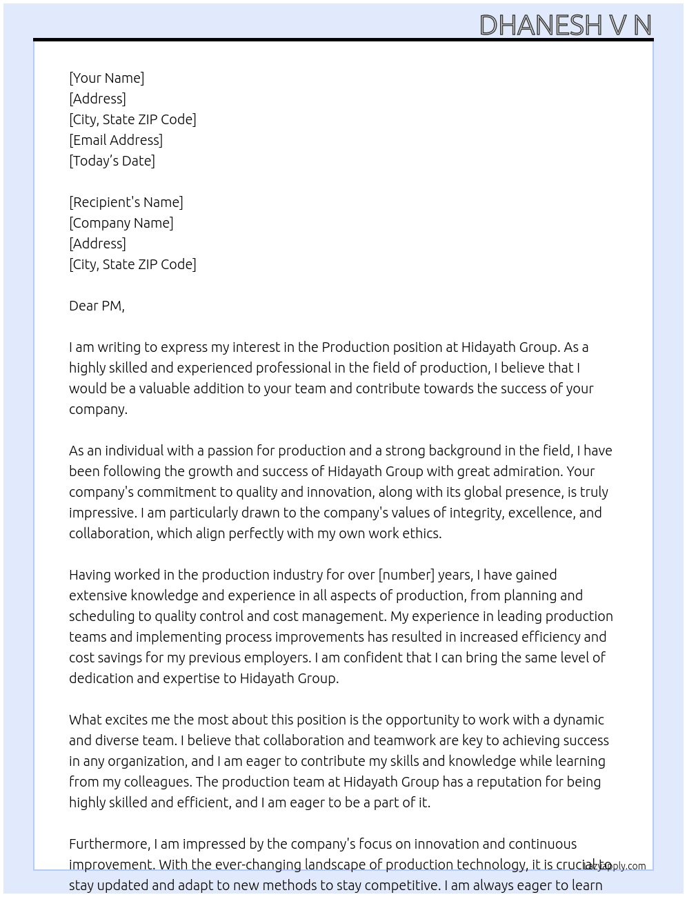 Production  At Hidayath Group Cover Letter