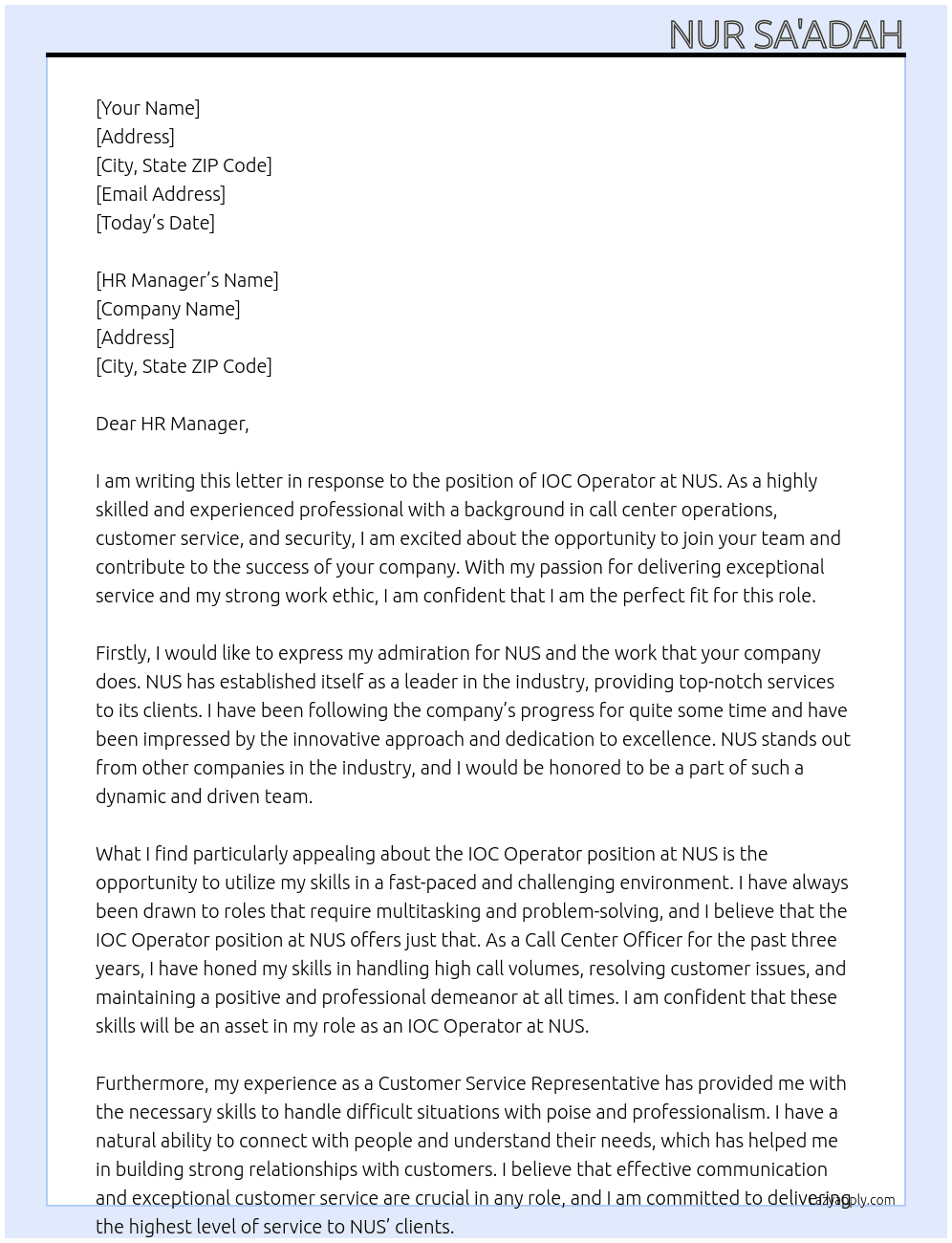 IOC Operator At NUS Cover Letter