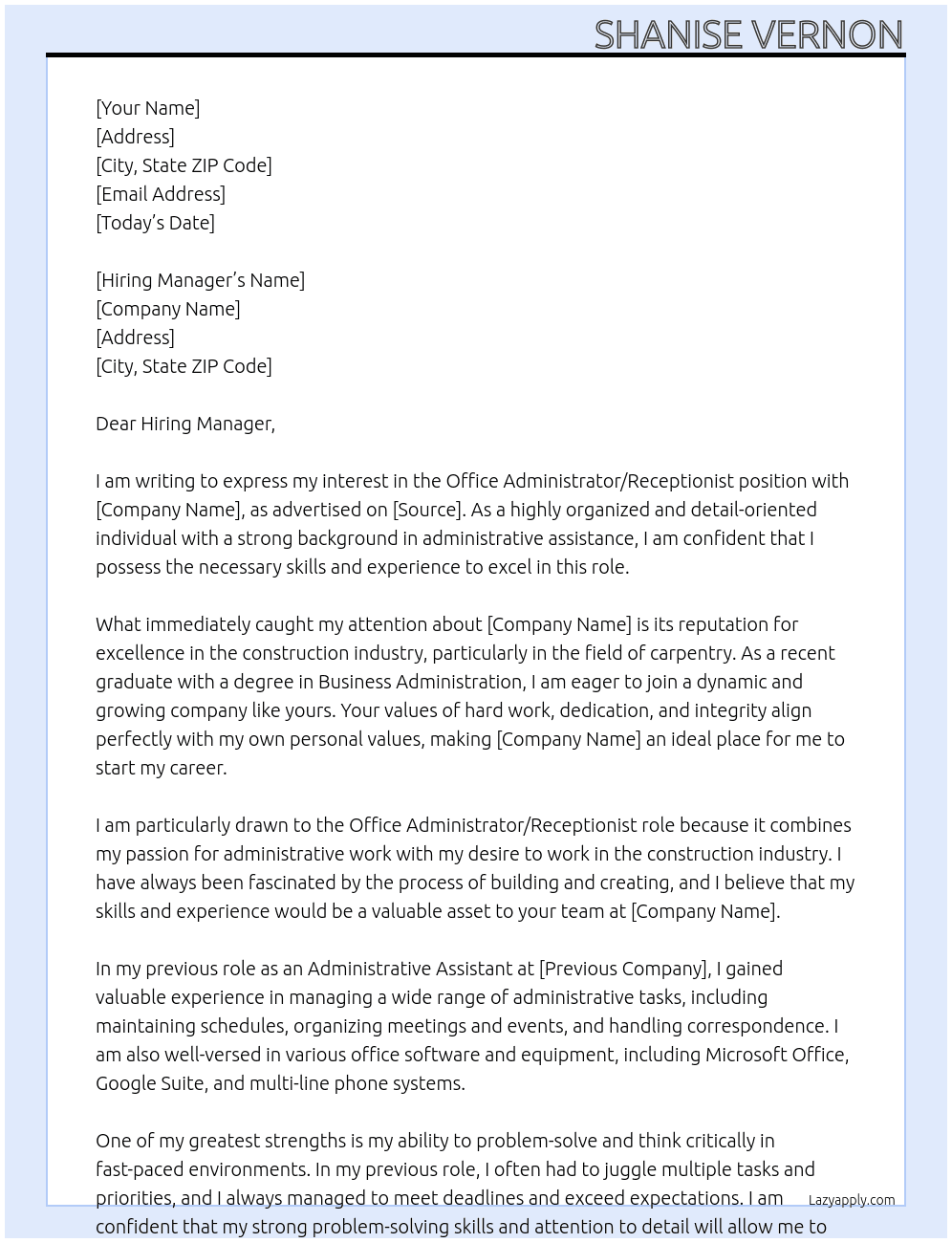 Office Administrator/Receptionist At Carpenters Union  Cover Letter
