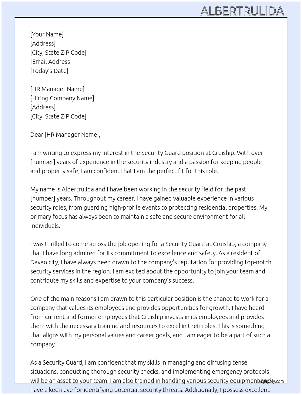 security guard At cruiship Cover Letter