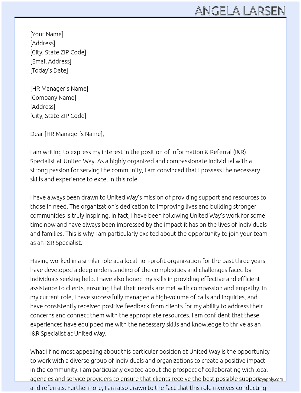 Information & Referral (I&R) Specialist, 211 At United Way Cover Letter