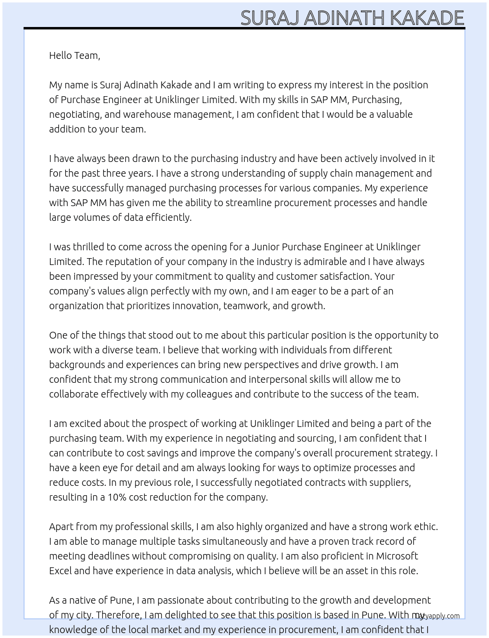Purchase Engineer  At Uniklinger Limited  Cover Letter