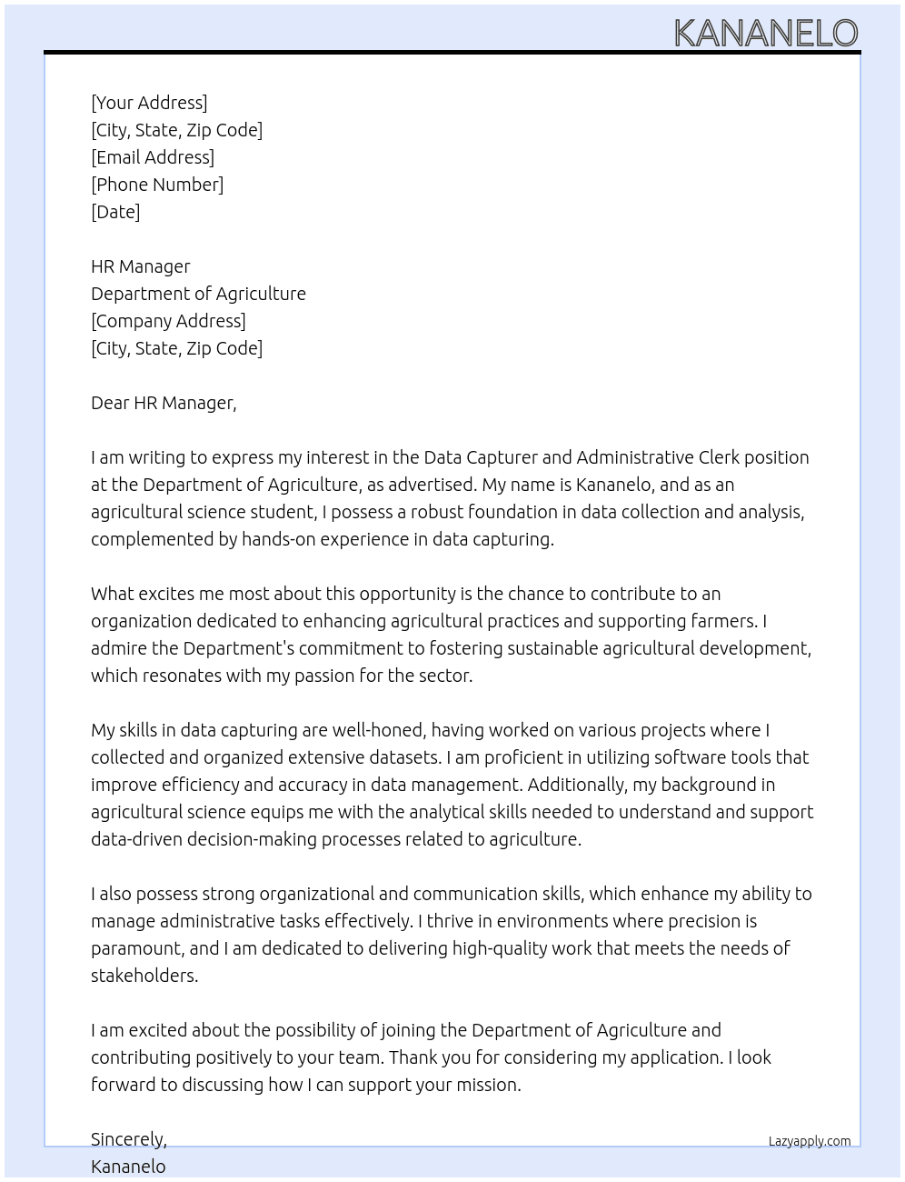 data capturer, administrative clerk At department of agriculture Cover Letter