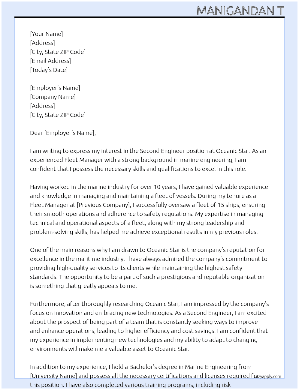 Second Engineer  At Oceanic Star  Cover Letter