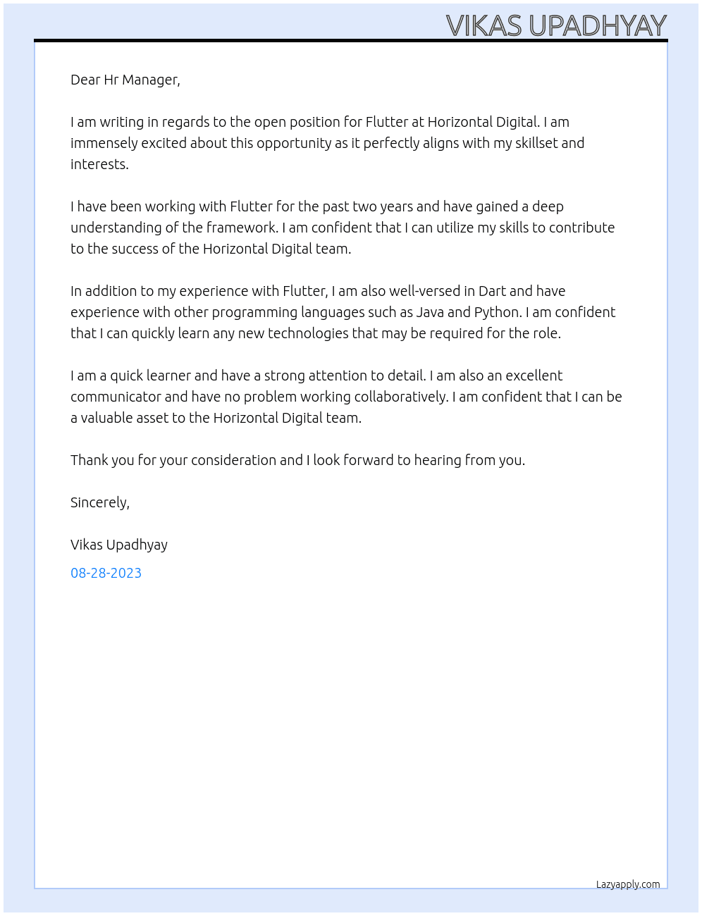 Flutter At Horizontal Digital Cover Letter
