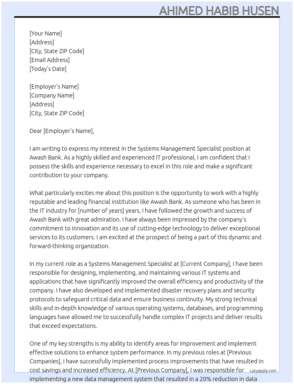 Systems Mangement Specialist At Awash Bank Cover Letter