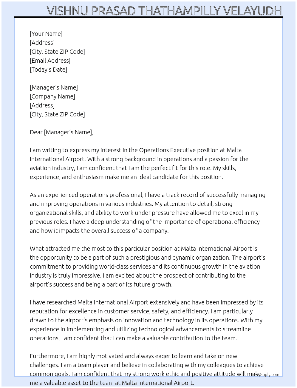 Operations Executive At Malta International Airport Cover Letter