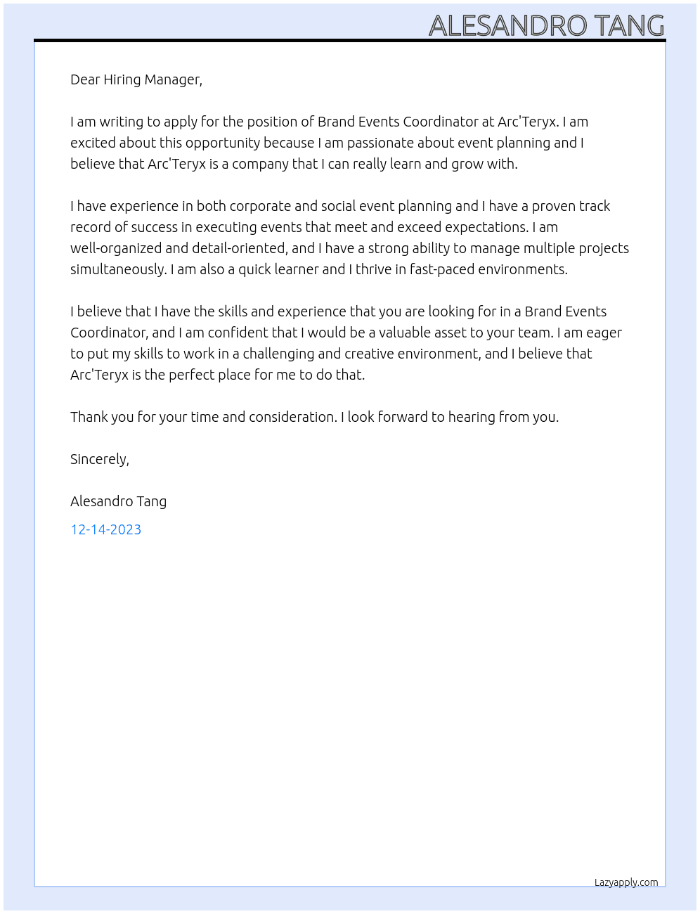 Brand Events Coordinator At Arc'Teryx Cover Letter