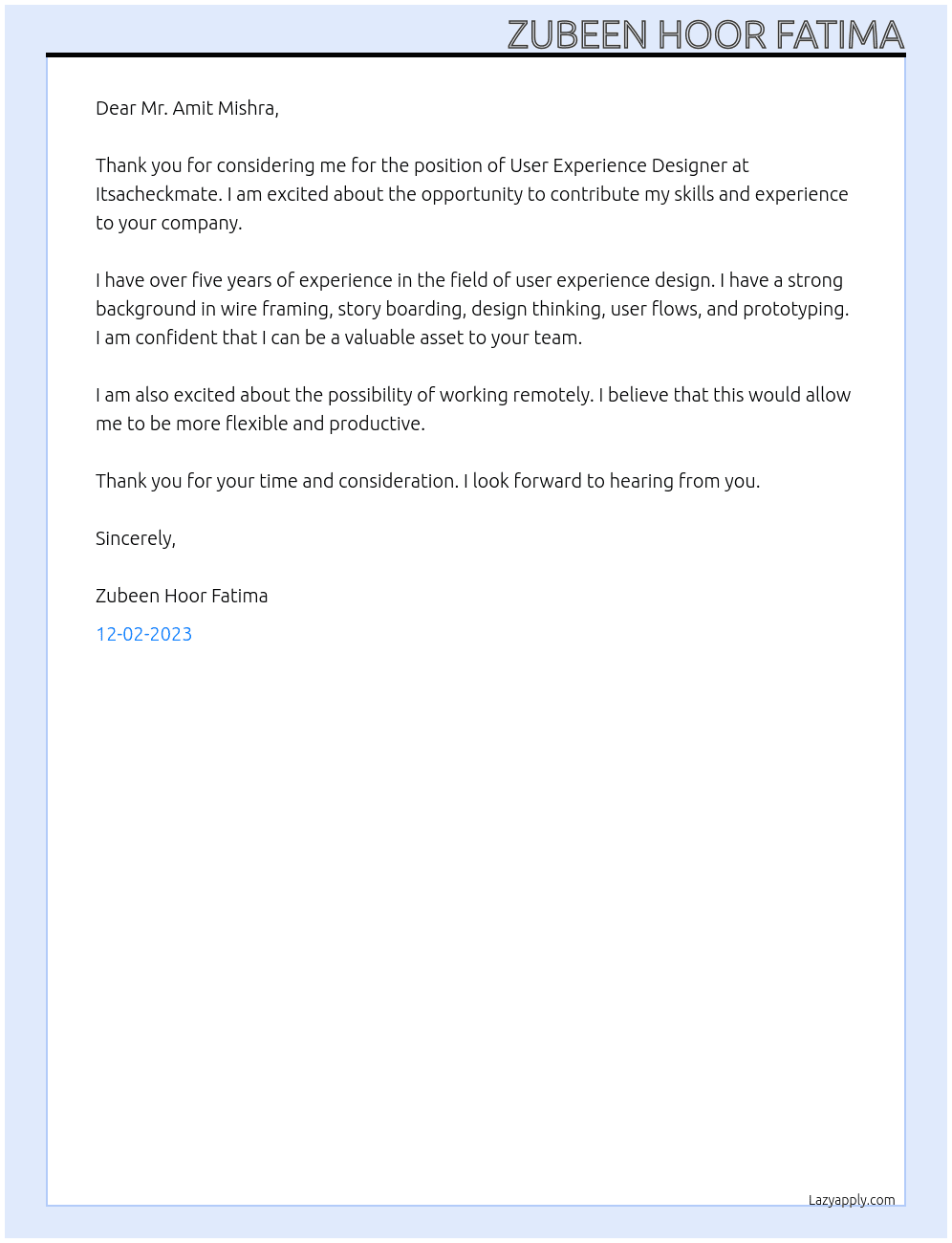 User experience designer  At Itsacheckmate Cover Letter