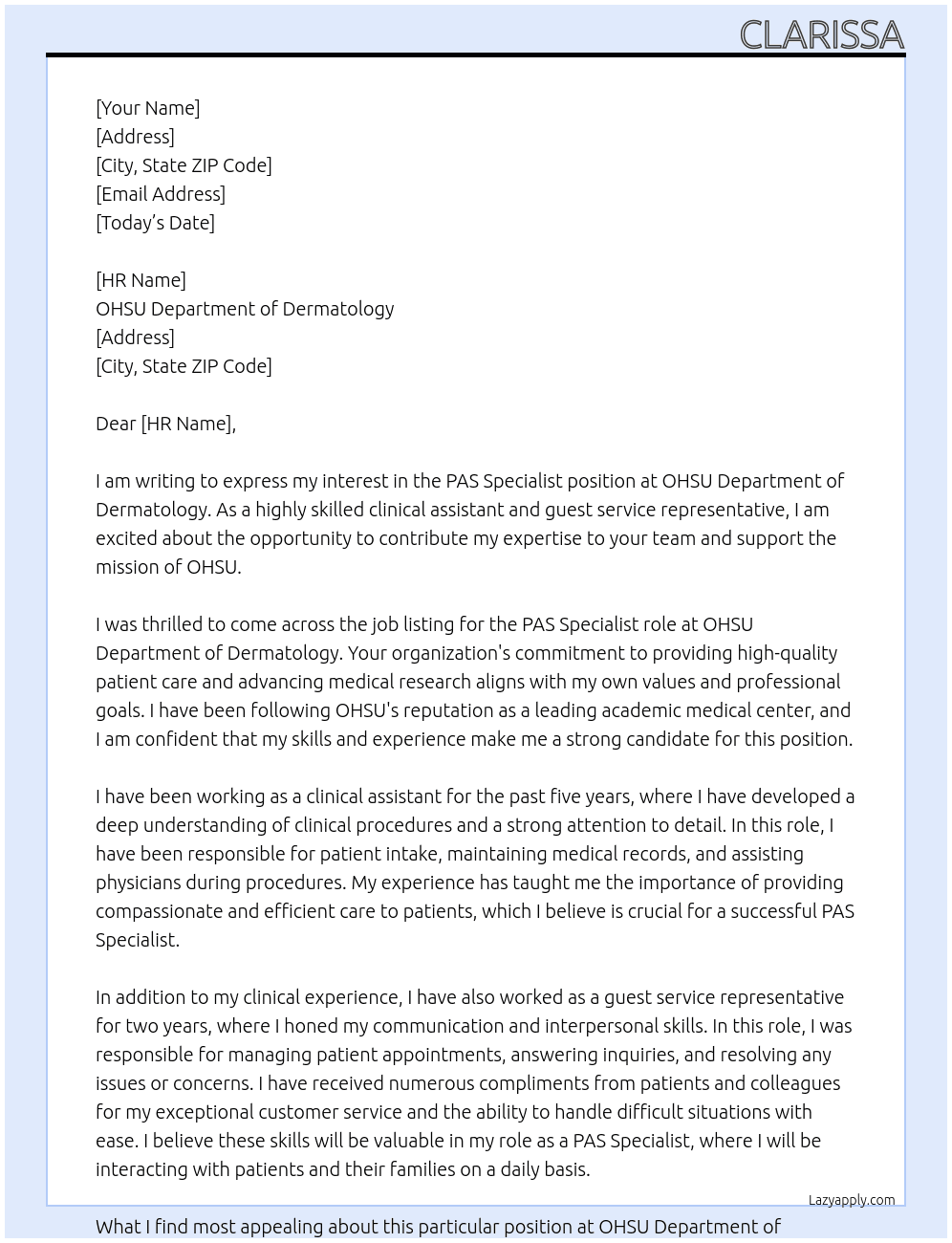PAS Specialist At OHSU Department of Dermatology Cover Letter