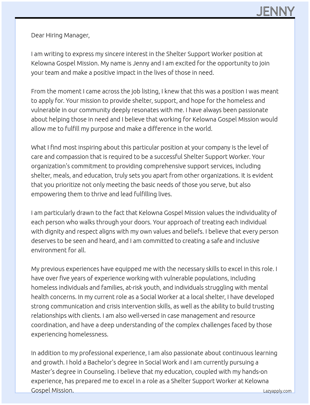 shelter support worker At kelowna gospel mission Cover Letter