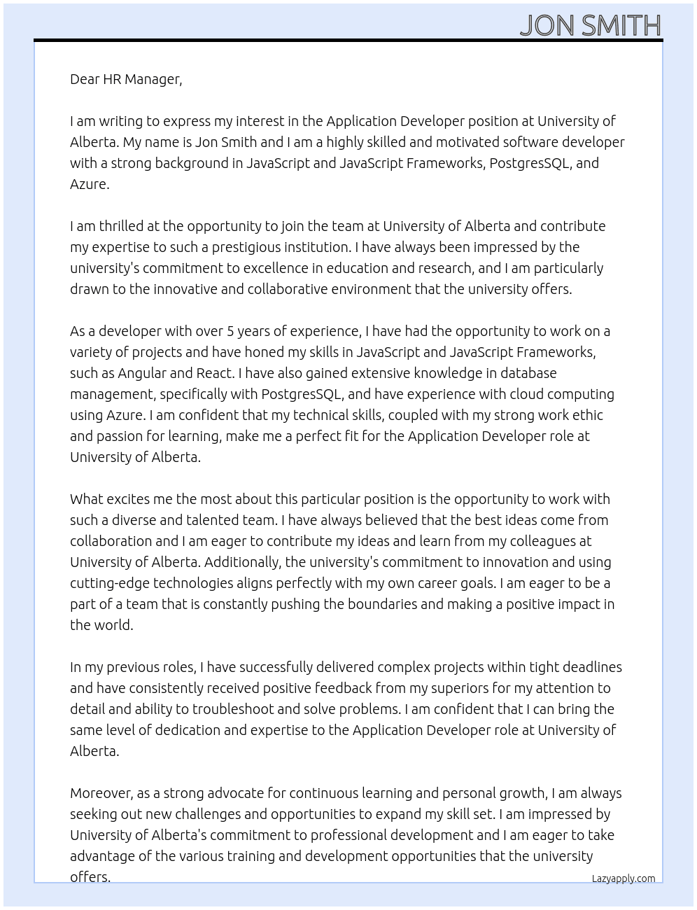 Application Developer At University of Alberta Cover Letter