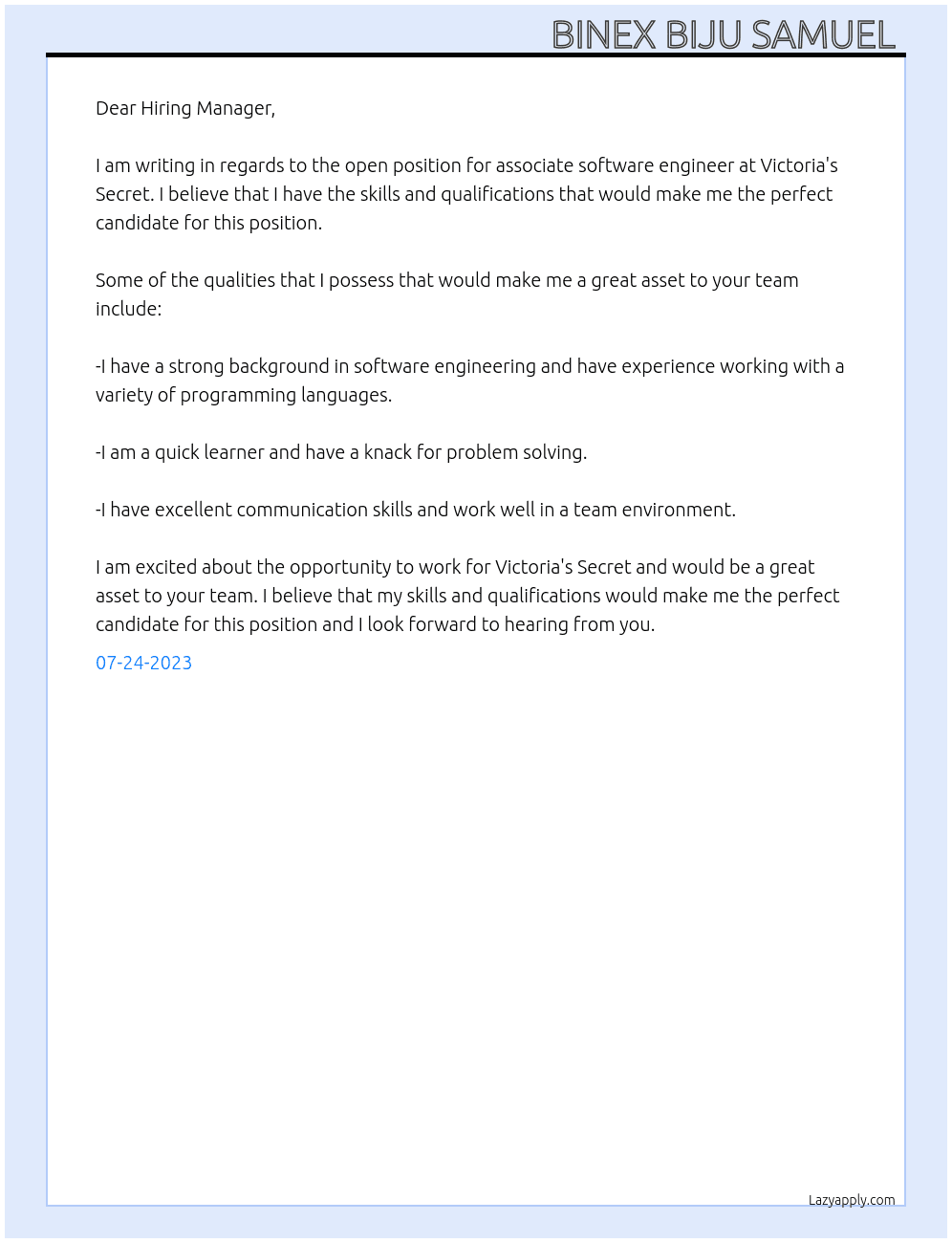 associate software engineer At Victoria's Secreet Cover Letter