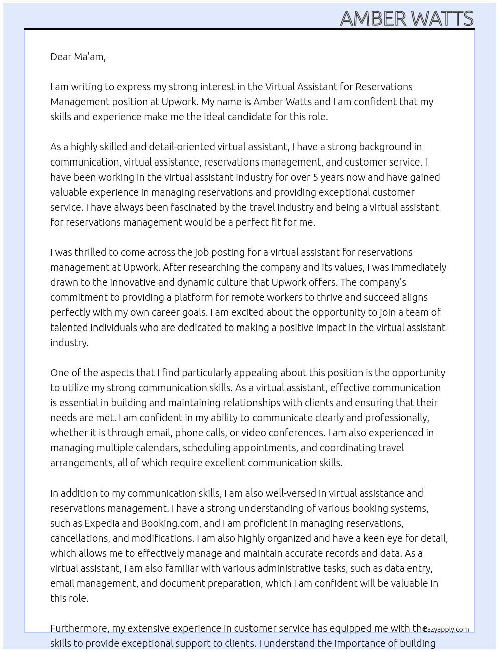 Cover letter for virtual assistant for reservations management - LazyApply