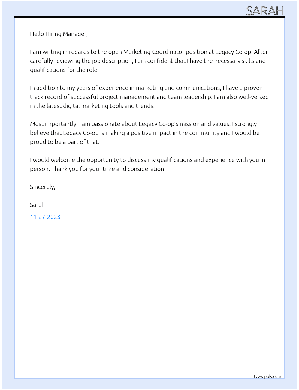 Marketing Coordinator At Legacy Co-op Cover Letter