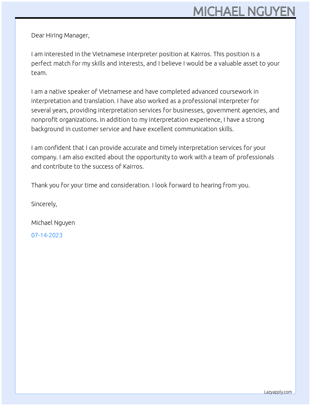 Vietnamese interpreter At Kairros Cover Letter