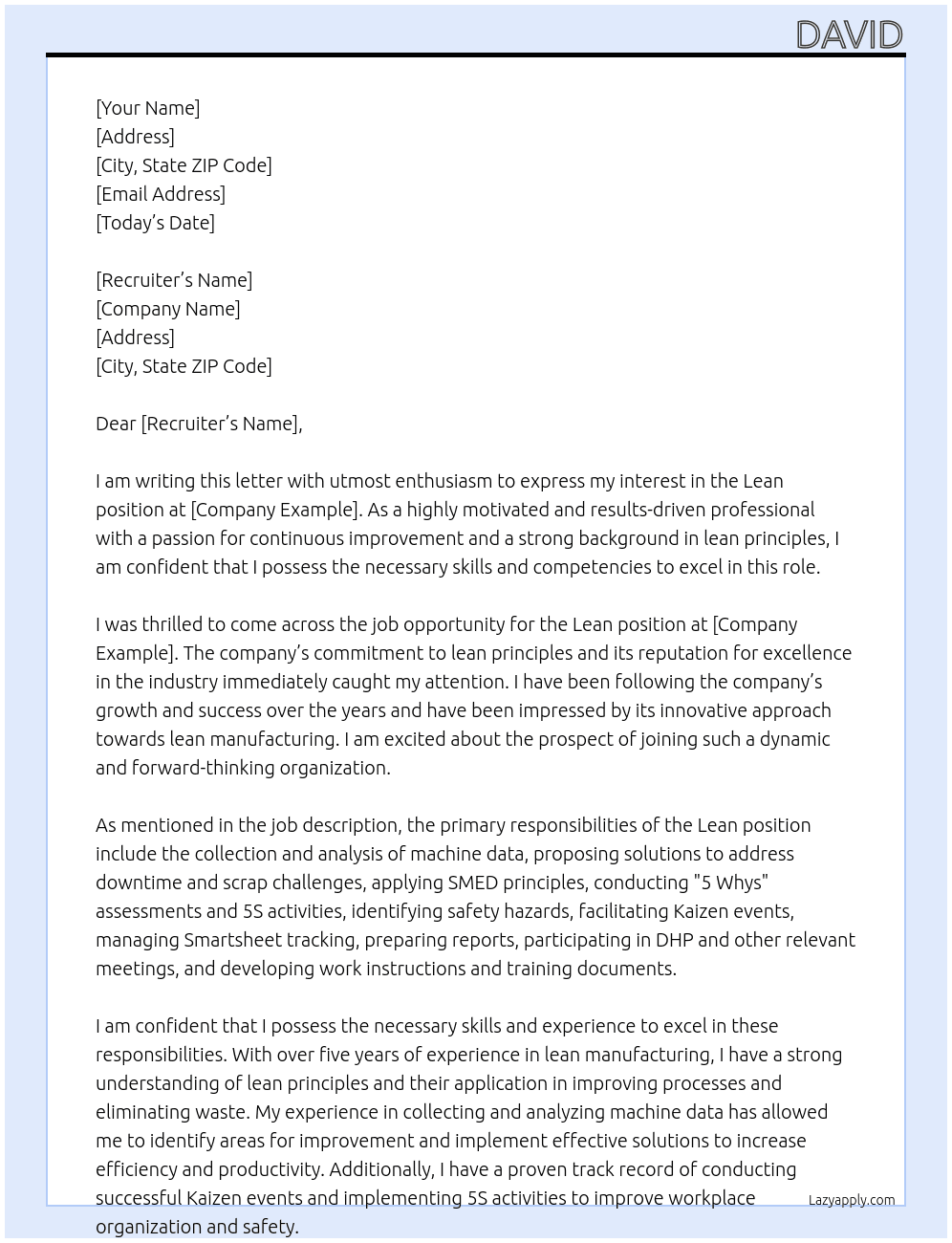 Cover letter for lean - LazyApply