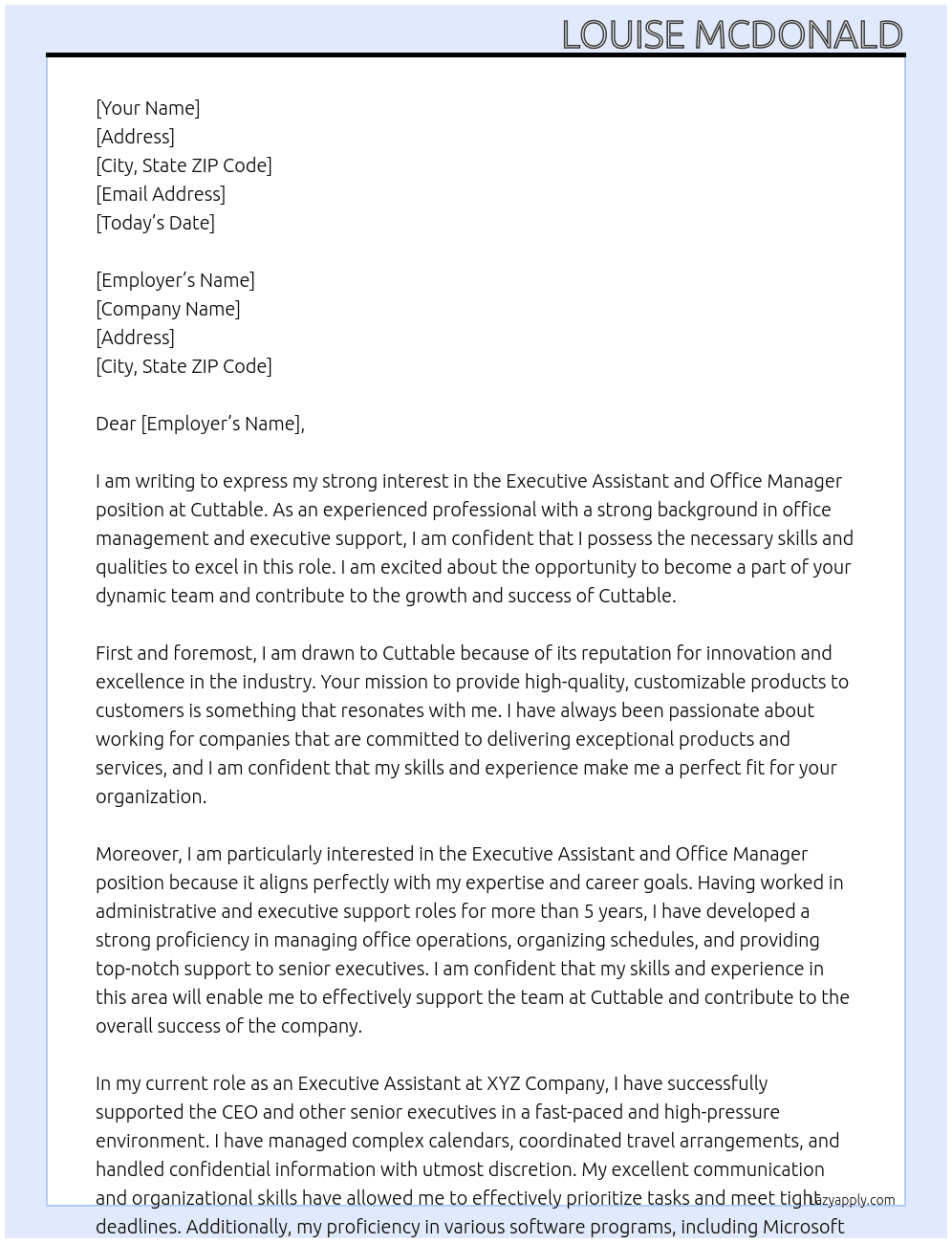 Executive assistant and office manager At Cuttable Cover Letter