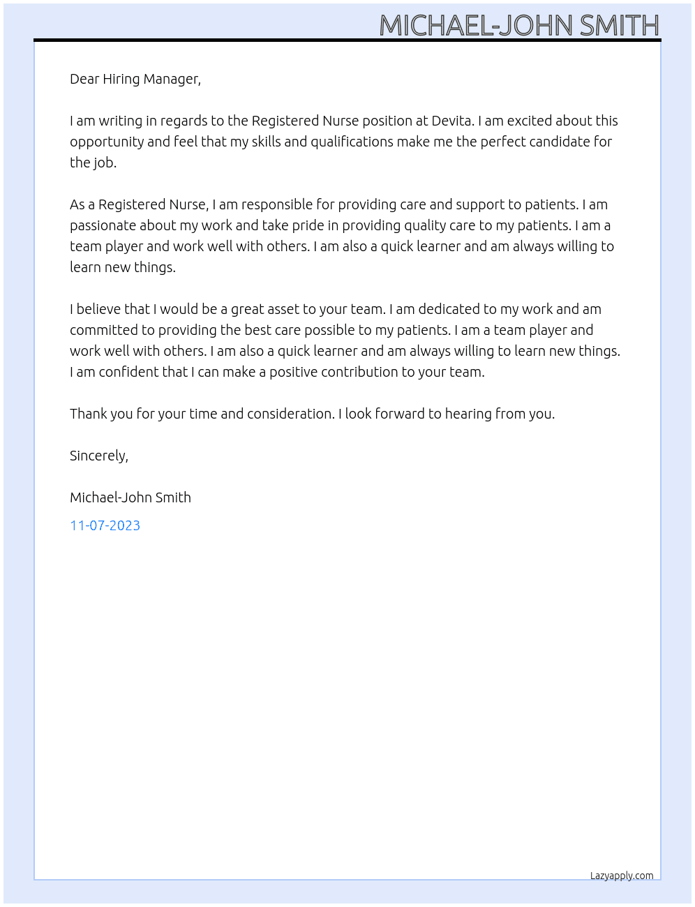 Registered Nurse At Devita Cover Letter