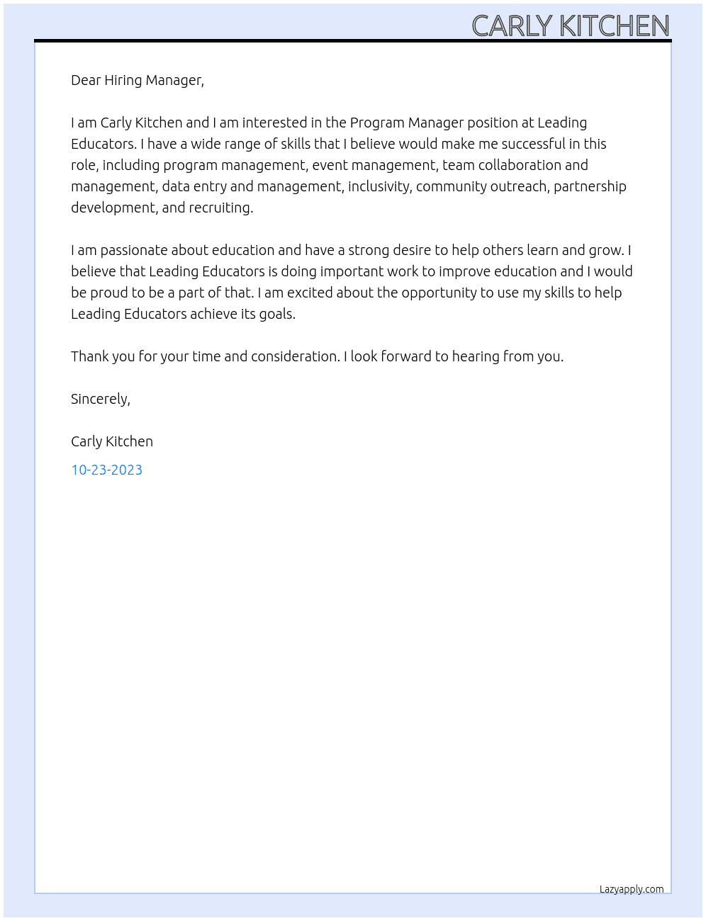 Program Manager At Leading Educators Cover Letter