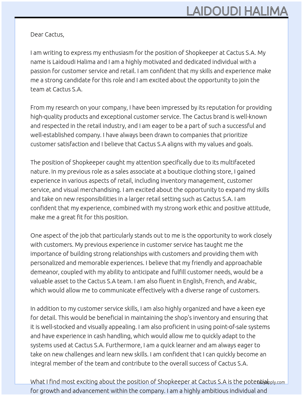 ahopkeeper At Cactus S.A Cover Letter