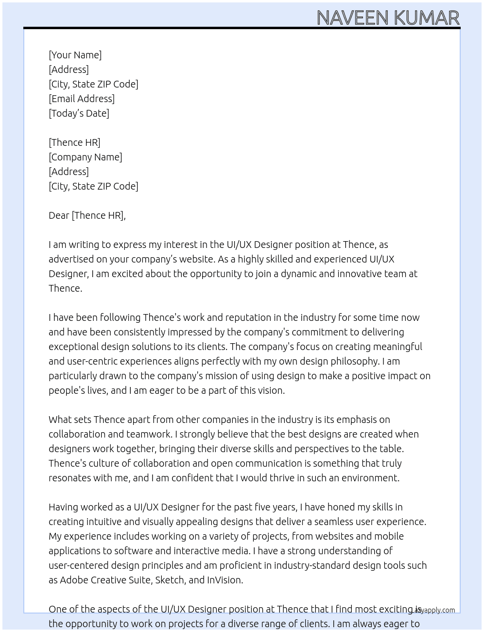 UI/UX Designer At Thence Cover Letter