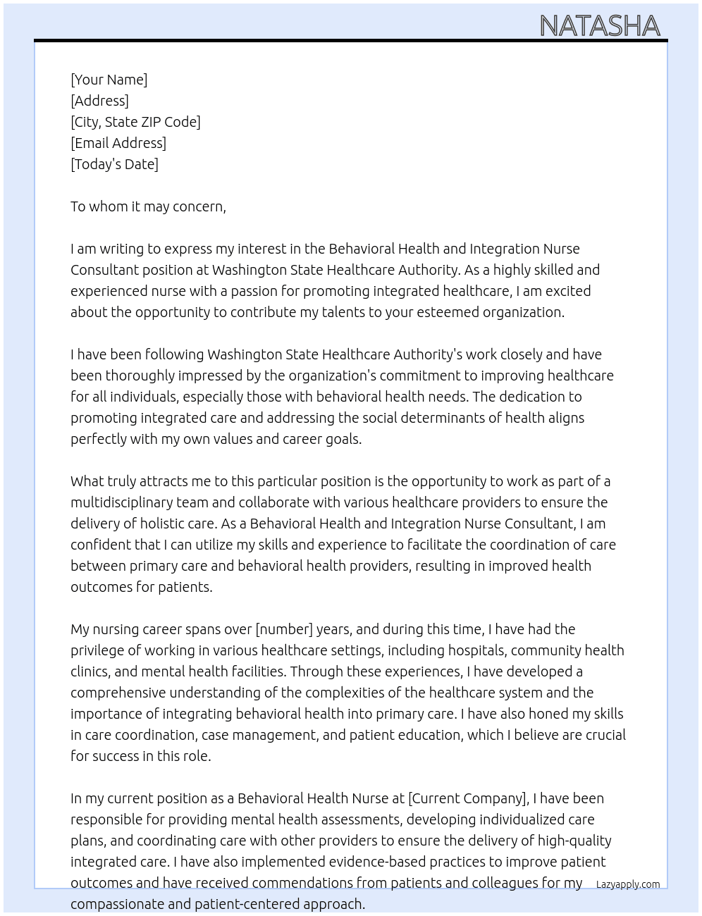 Behavioral Health and Integration Nurse Consultant At Washington State Healthcare Authority Cover Letter