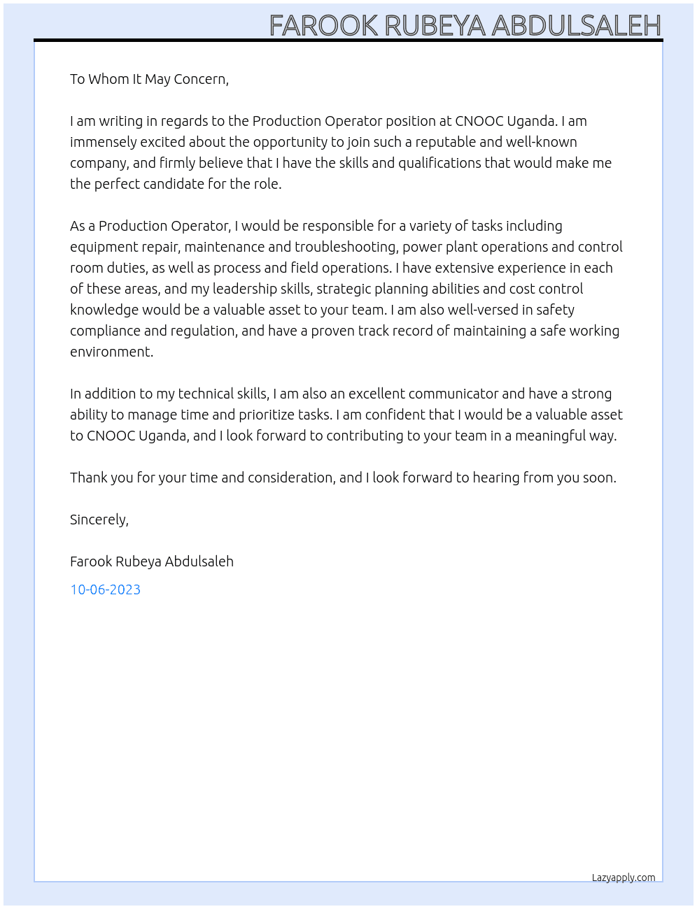 Production Operator At CNOOC Uganda Cover Letter