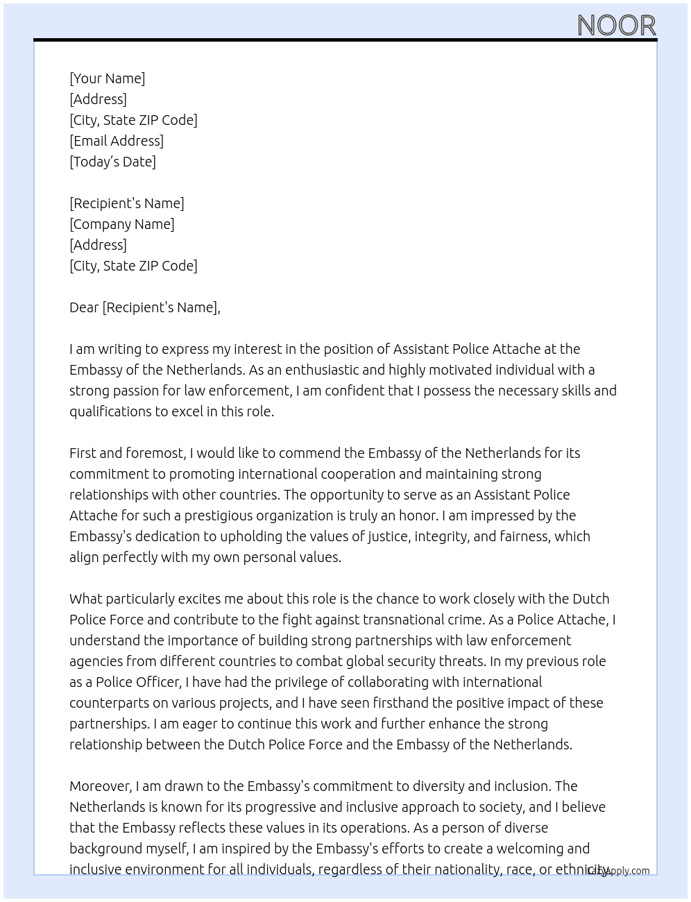 Assistant Police Attache At Embassy of the Netherlands Cover Letter