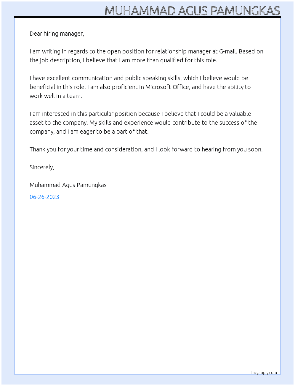 relationship manager At G-mail Cover Letter