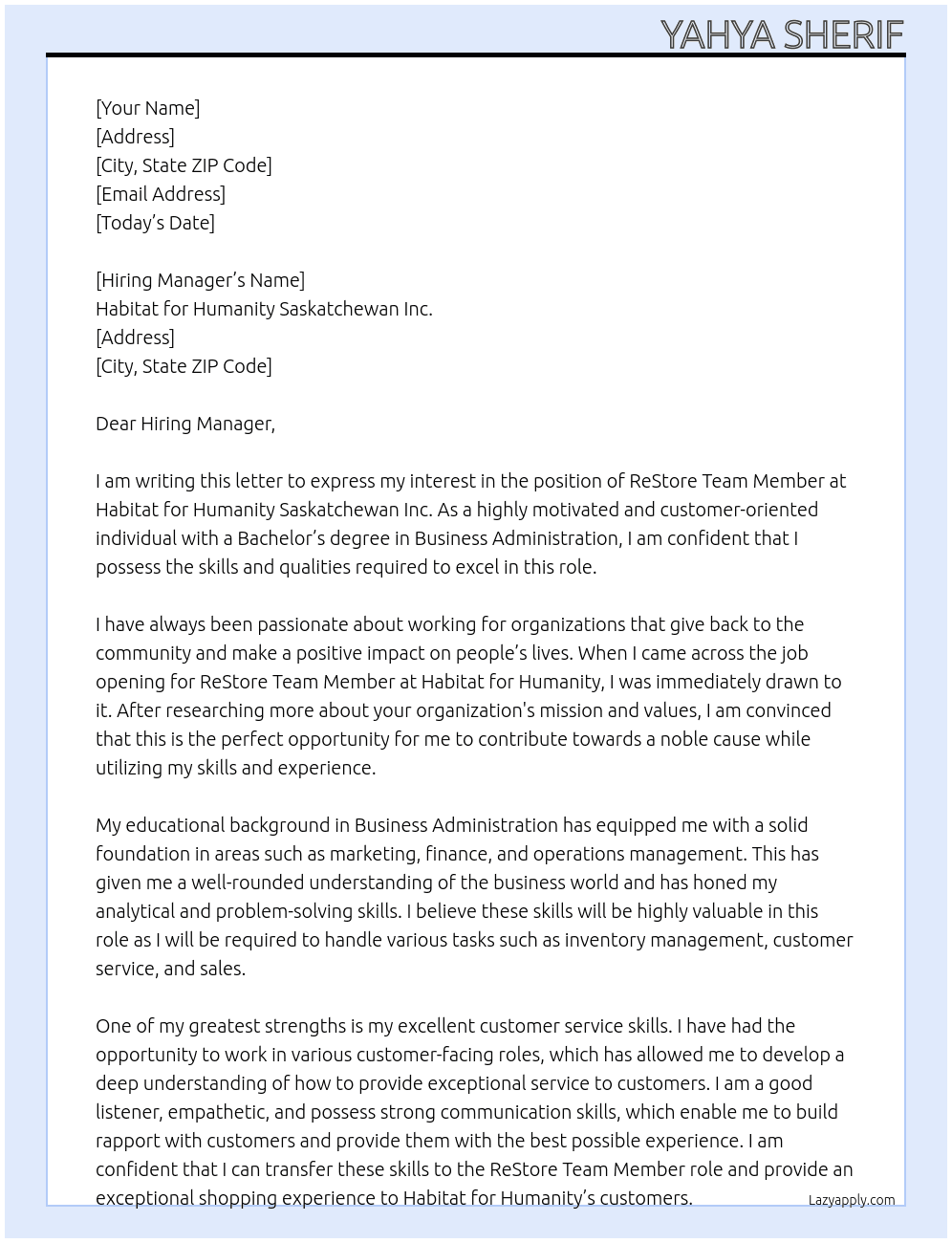 ReStore Team Member At Habitat for Humanity Saskatchewan Inc. Cover Letter