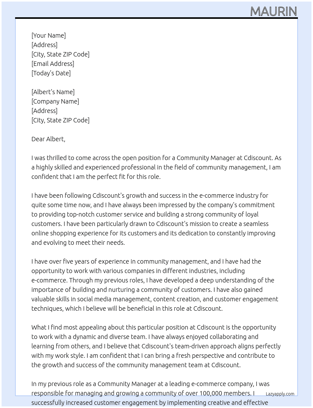 Community manager At Cdiscount Cover Letter