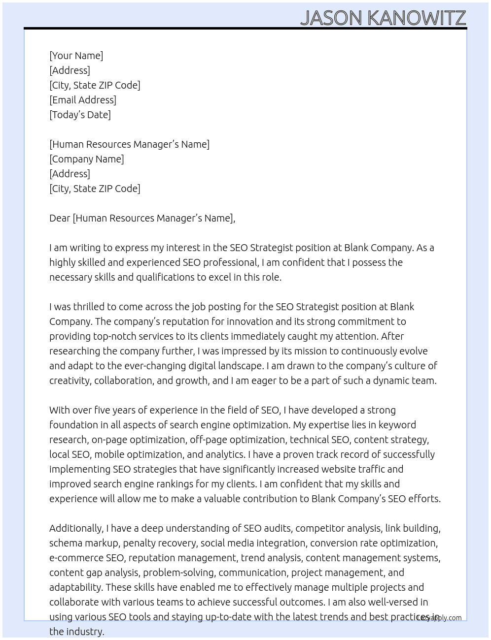 SEO Strategist At "Blank Company" Cover Letter