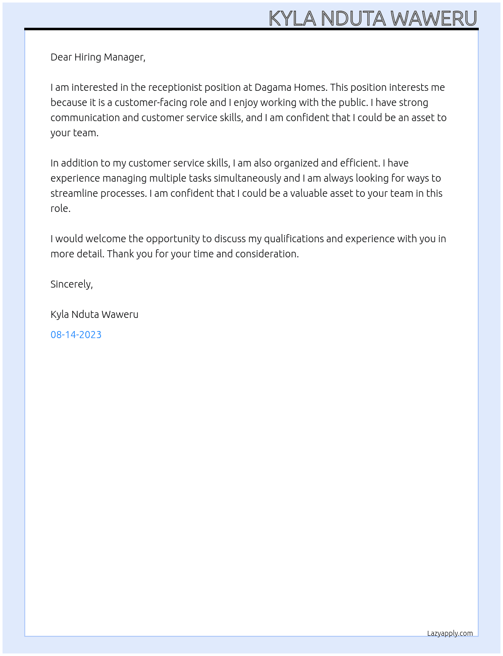 receptionist At Dagama Homes Cover Letter