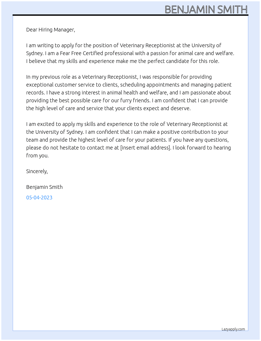 Veterinary Receptionist At University of Sydney Cover Letter