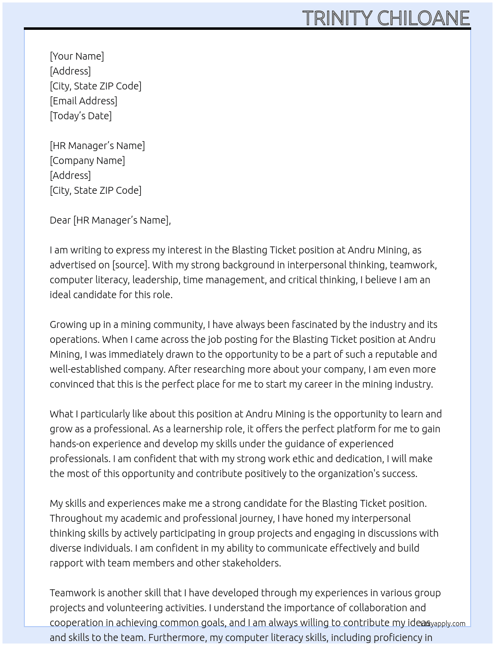 Cover letter for blasting ticket - LazyApply