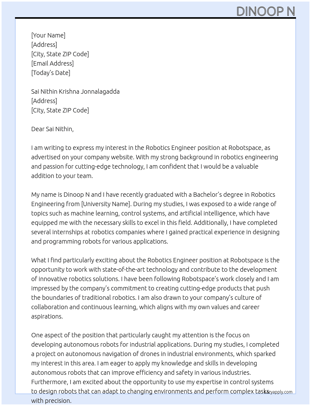 Robotics engineer At https://www.robotspace.in/ Cover Letter