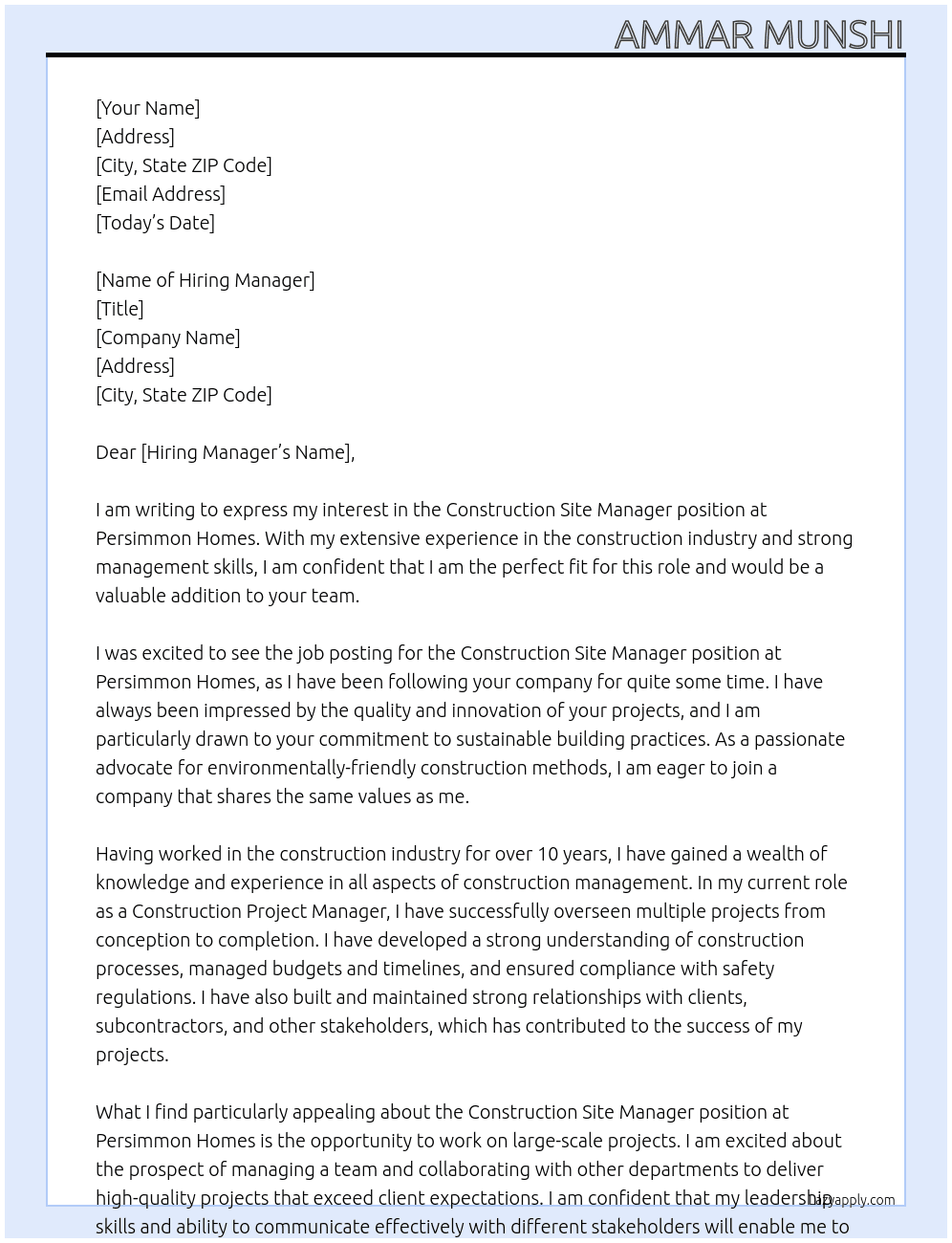 Construction Site Manager At Persimmon Homes Cover Letter