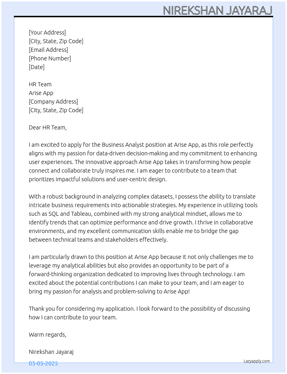 Business Analyst At Arise app Cover Letter