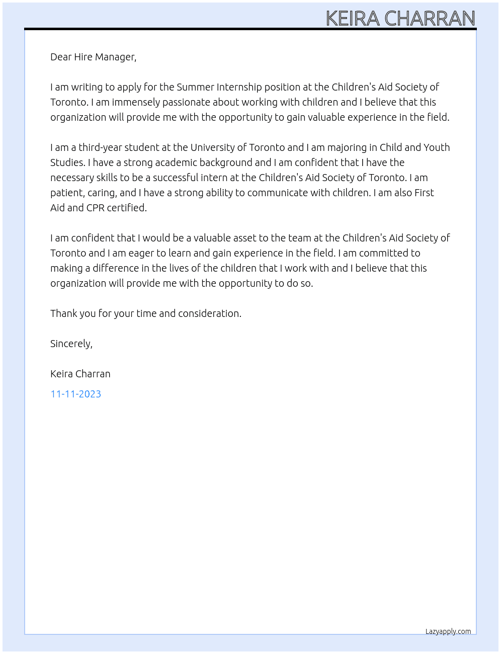 Summer Internship At Children's Aid Society of Toronto Cover Letter
