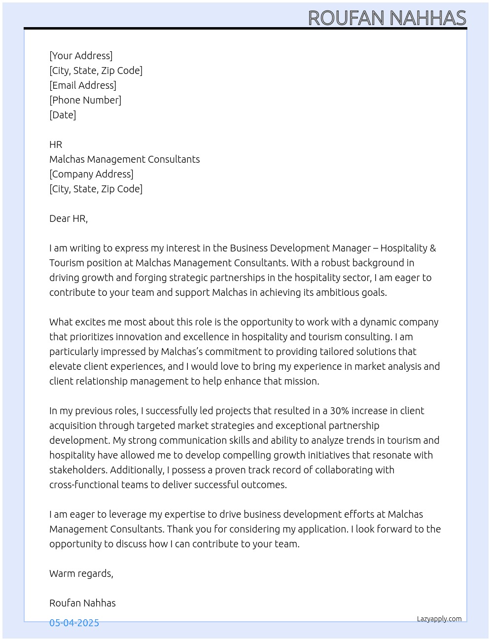 Business Development Manager – Hospitality & Tourism At Malchas Management Consultants Cover Letter