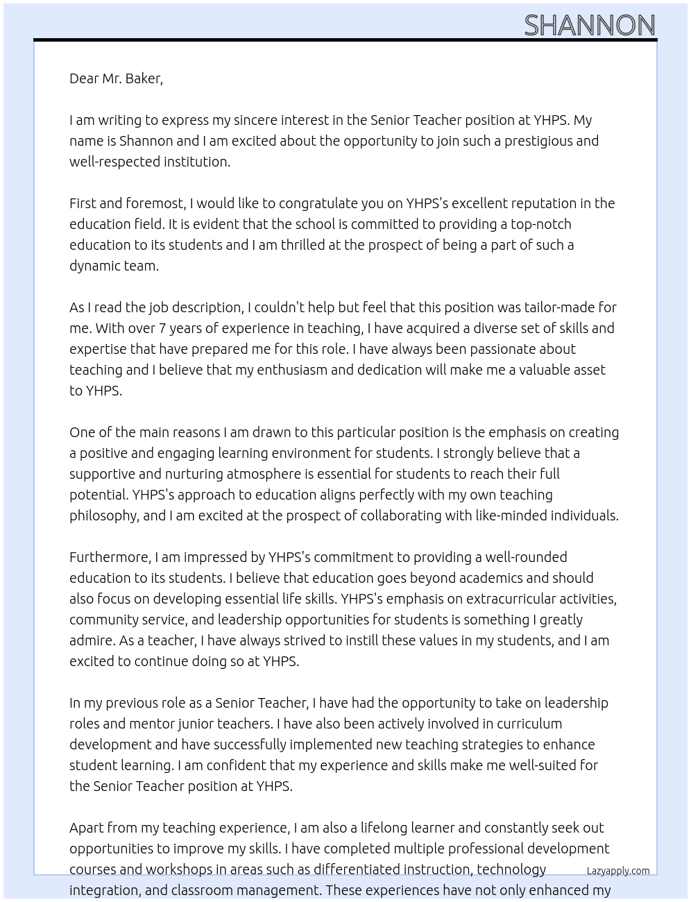 Senior Teacher At YHPS Cover Letter