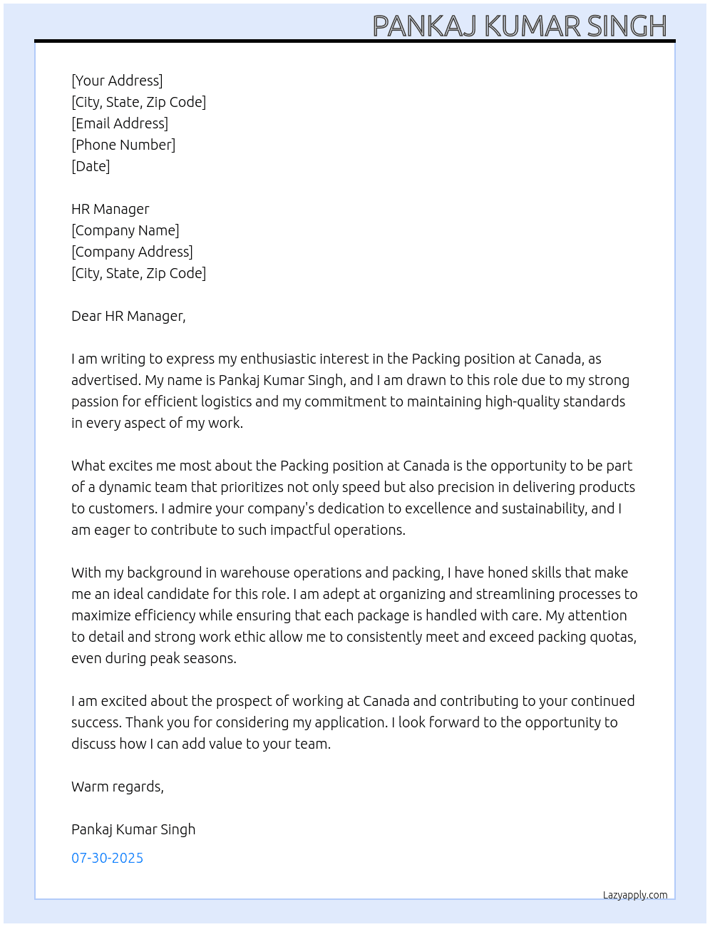 Packing job. At Canada Cover Letter