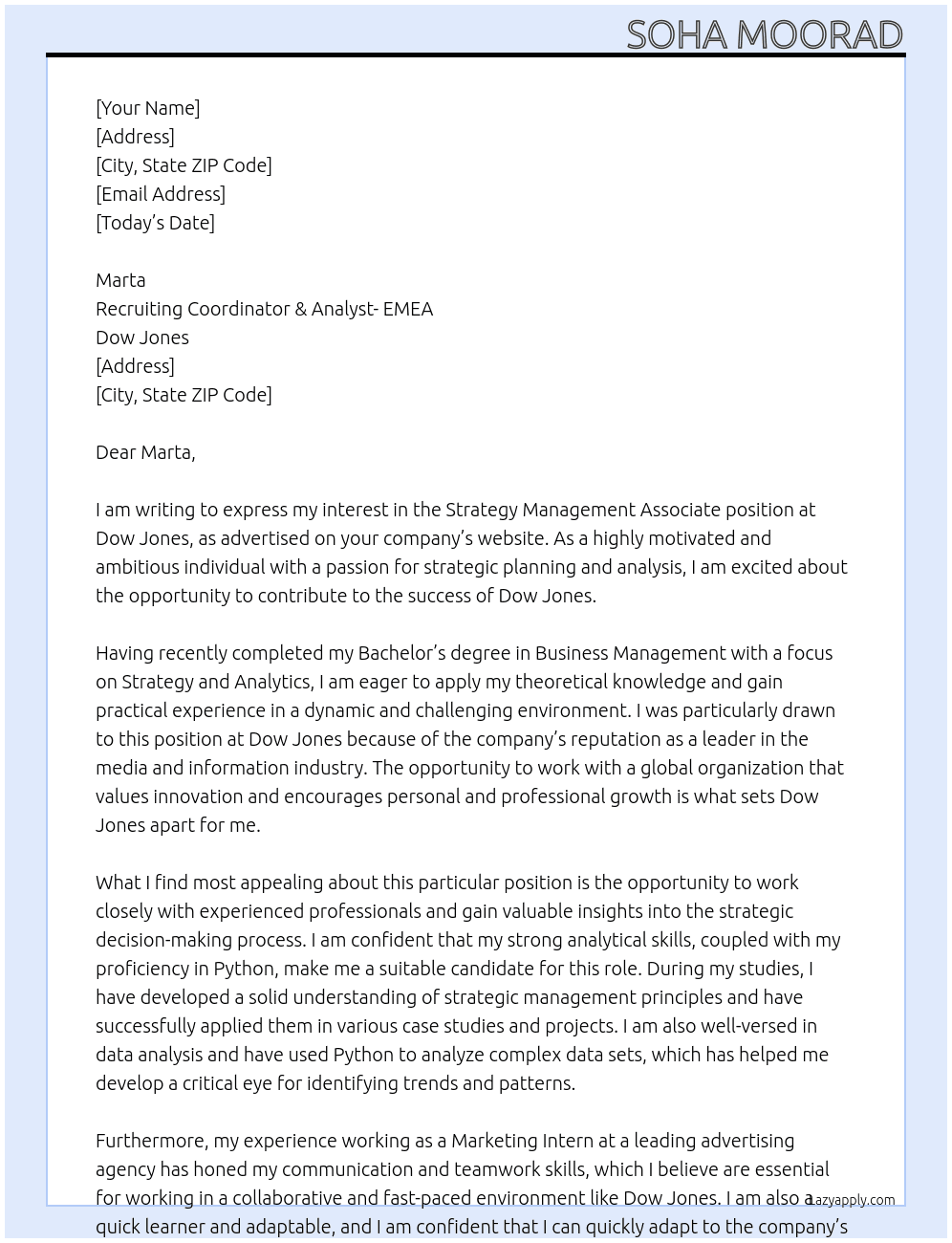 Strategy Management Associate At Dow Jones Cover Letter